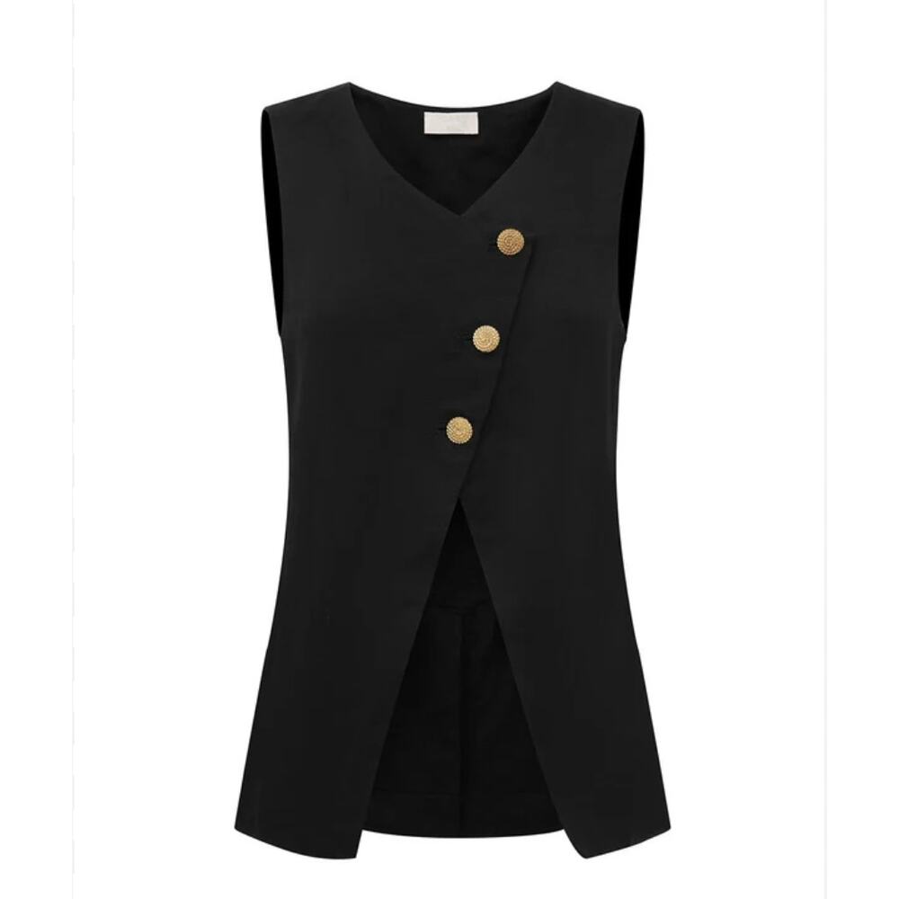 Posse Gigi Gilet Black Satin Vest Gold Buttons Size Small - Picture 2 of 10